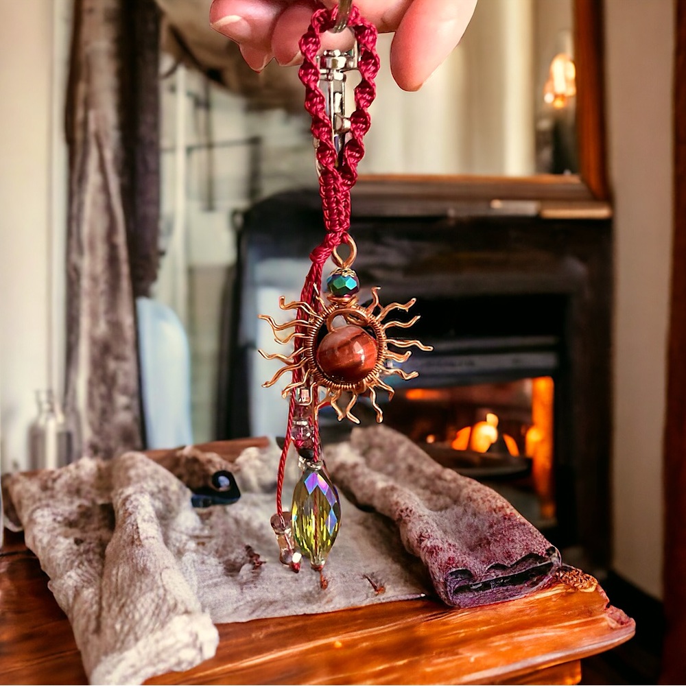 Crystal bag charm,Artisan copper wire sun with large red tigers eye crystal,gift